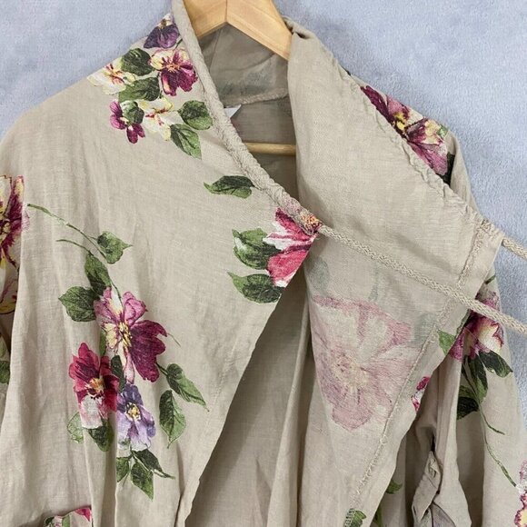 Coral Bay Floral Oversized Linen Open Front Jacket PM Petite Medium Beach Beige - Picture 12 of 16